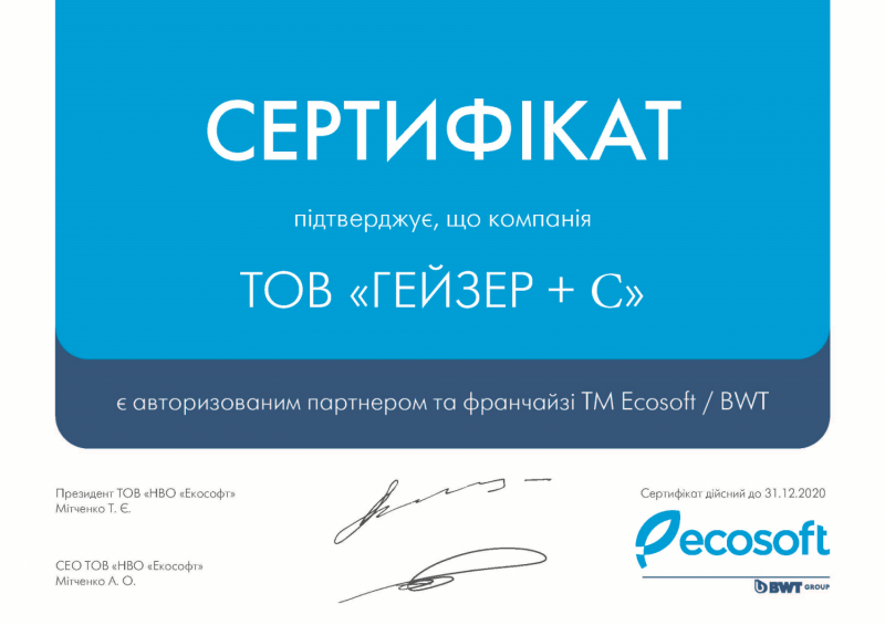 Сертификат авторизованного партнера и франчайзи TM Ecosoft